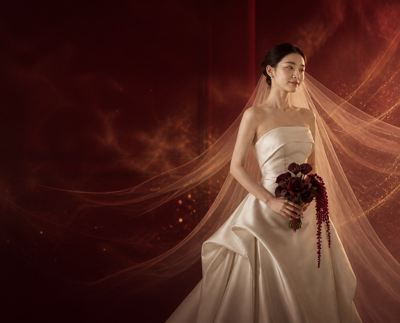 酒红光影中的新娘与婚礼 AI 创意视觉