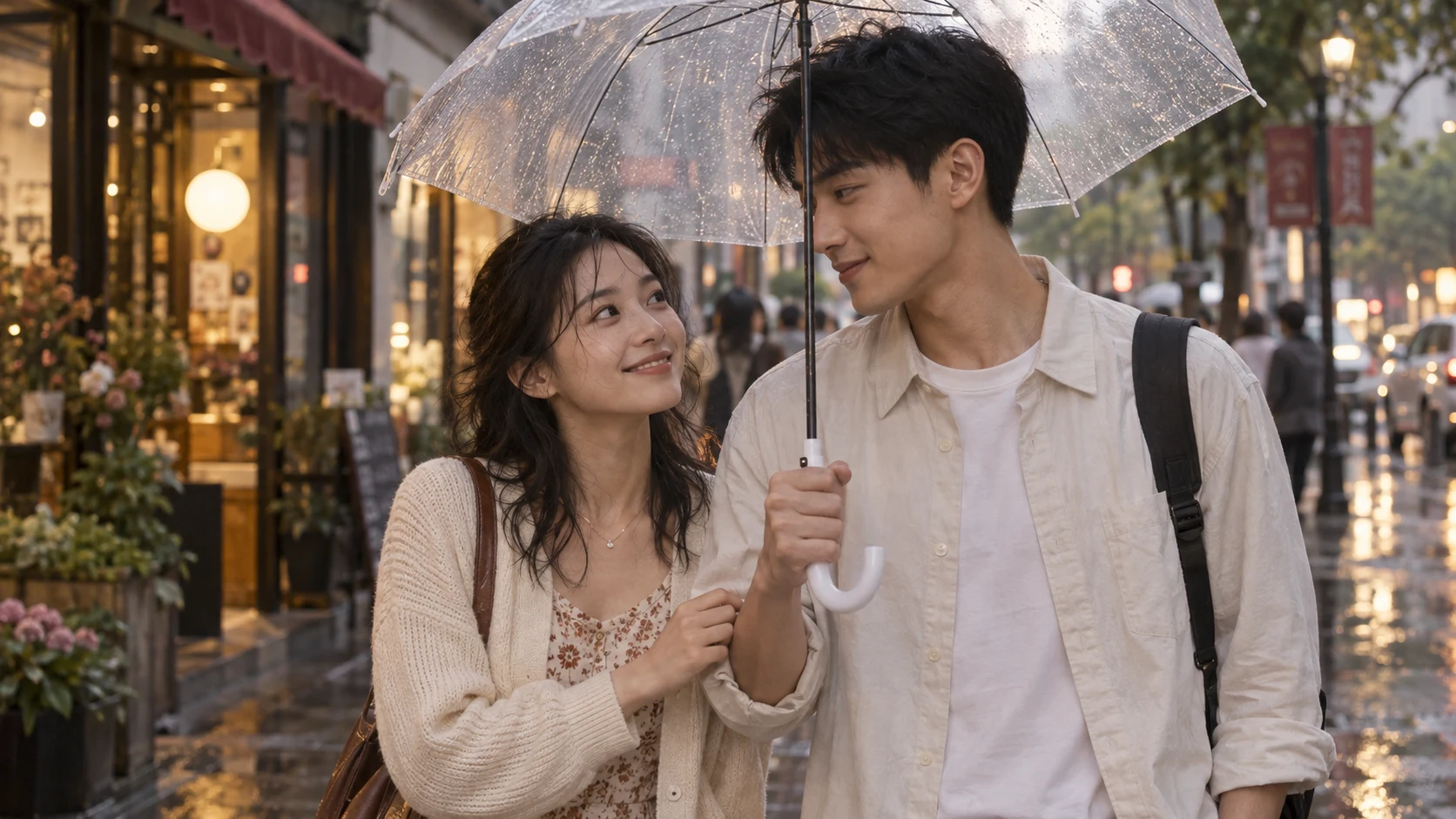 雨后街头，两人共撑一把伞，微笑相望